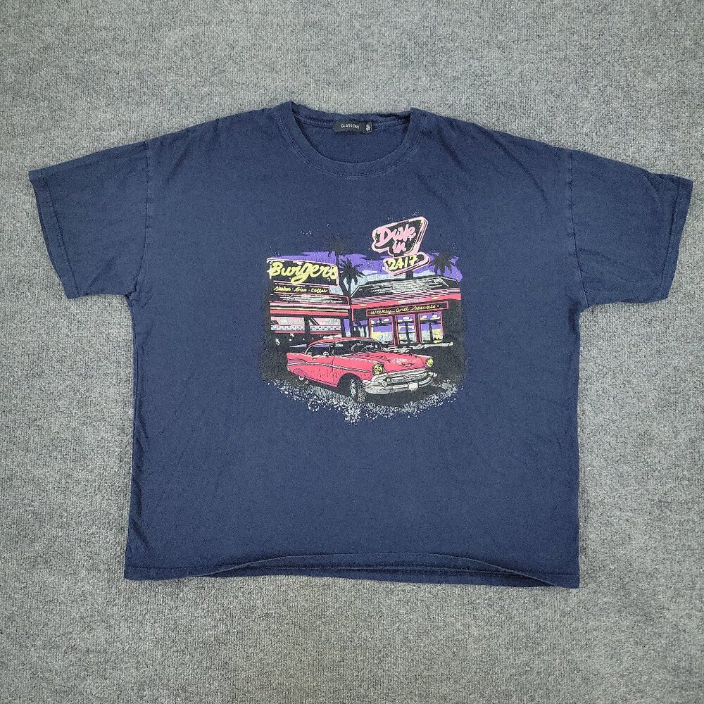 Glassons Shirt Men XL Blue Graphic Tee Short Sleeve Classic Car Burger Diner Art